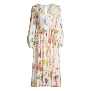 TAHARI Floral-Print Belted Linen-Blend Dress